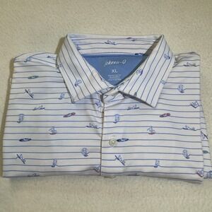 Johnnie‎ O Polo Shirt AOP Surfers Striped Mens Size L Golf White Rare Print